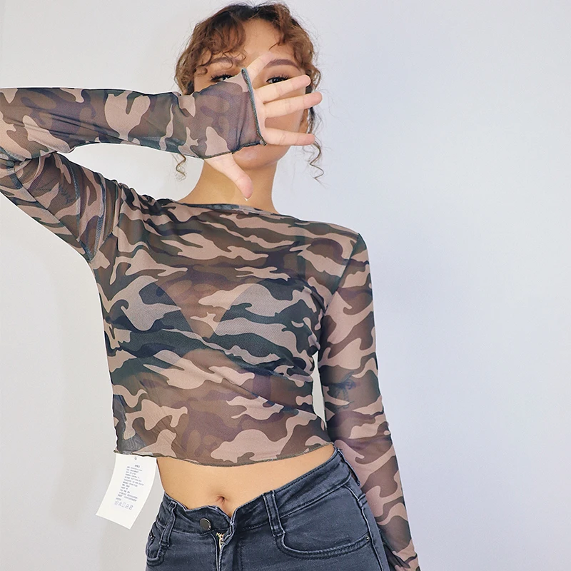 

Top Selling Product In 2018 Sexy Perspective Camouflage Mesh Yarn Round-collar Long-sleeved T-shirt Girls Short Slim T-shirt