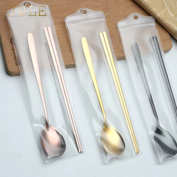 

Korean Tableware Stainless Steel Chopsticks Long Handle Spoon for Ice Cream Sushi Reusable Chop Stick Table Spoons Picnic Sets