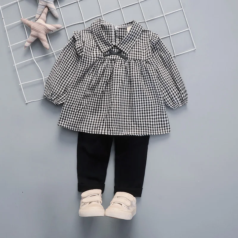 

DIIMUU 2Pcs Infant Children Girls Clothes Toddler Baby Clothing Casual Plaid Long Sleeve Fashion Tops Cotton Solid Pants Sets