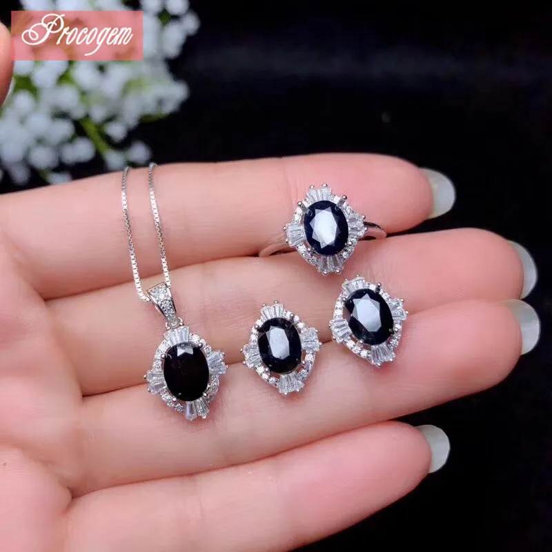 

Natural Sapphire Jewelry sets for Women 6x18mm Genuine gemstone Necklace/Ring/Stud Earrings fine Jewelry S925 18K Whitegold #111