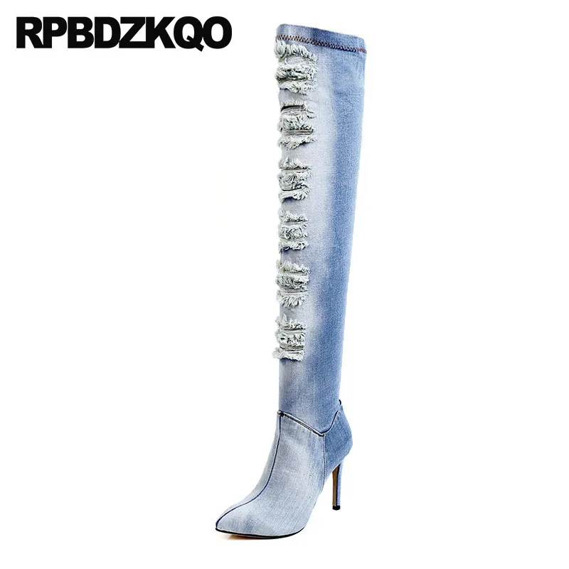 

Sexy Jeans Thigh High Stiletto Women Blue Denim Boots Knee Shoes Heel Long Pointed Toe Big Brand Fall Crotch Dance Slim Designer