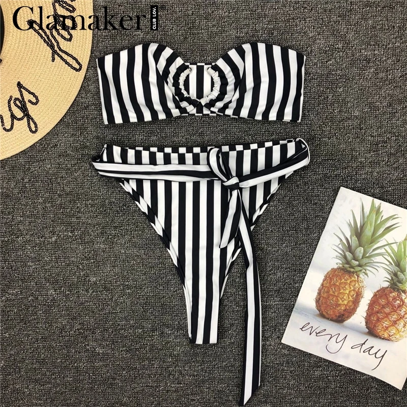 Glamaker Strapless two-piece suit bodysuit Women 2019 sexy high waist striped bodysuit Female blue push up lace up bathing suit