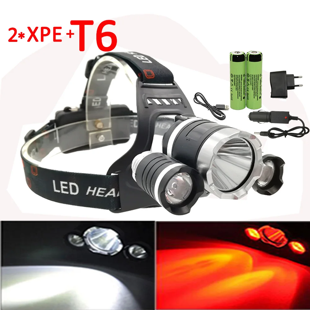 

3 LED Headlamp 2x XPE RED +T6 White Headlight 4 Mode Rechargeable Head Lamp Flashlight + 18650 Battery + Charger For Camping