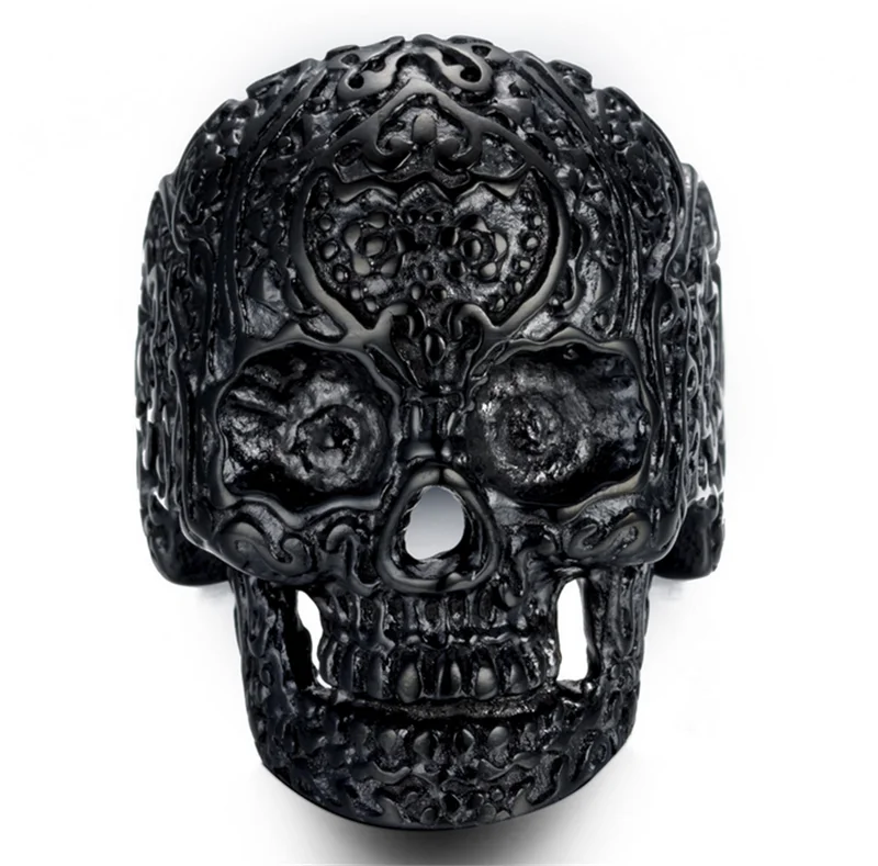 Винтажный череп для мужчин в стиле панк, цветок черепа, кольцо байкера, модный скелет, ювелирное изделие, черный/золотой цвет, байкерское кольцо, мужской череп, ювелирное изделие - Цвет основного камня: Black
