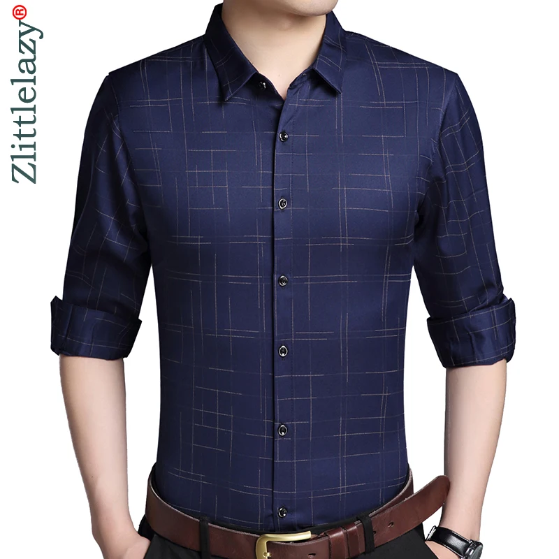 

2019 long sleeve designer casual vintage luxury men shirt slim fit plaid social shirts mens fashion christmas men's dress 41284