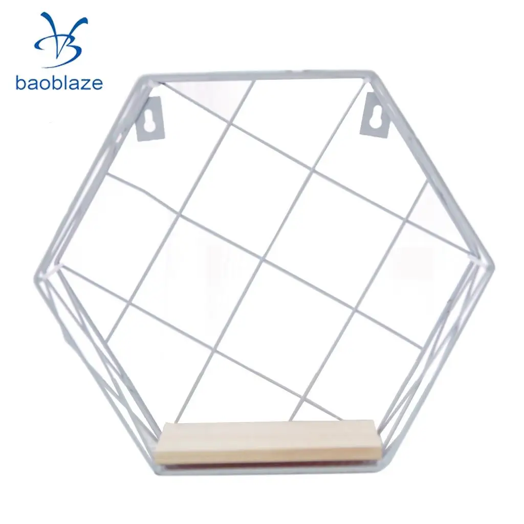 Baoblaze Hexagon Iron Wooden Wall Shelf Shadow Box Display Rack Shelf Storage Unit for Home Bedroom Balcony Passway