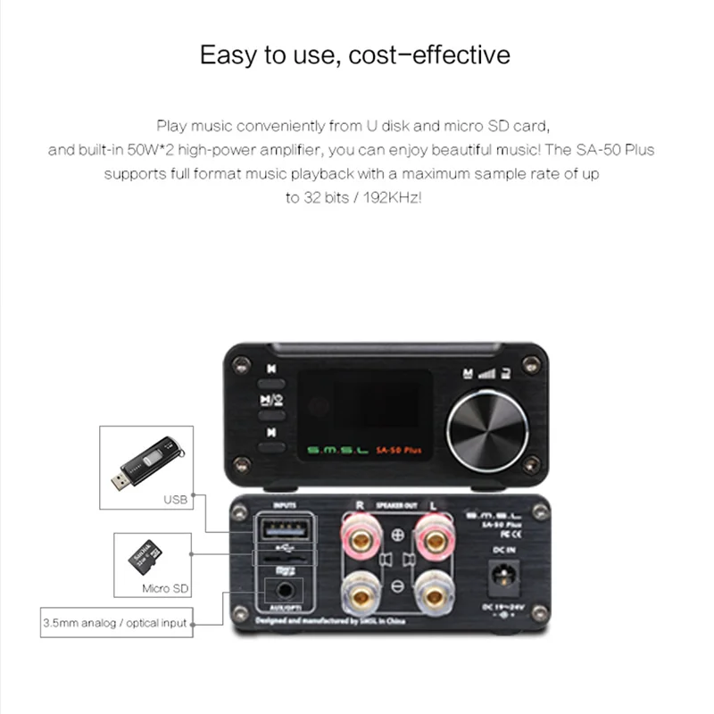 S.M.S.L SMSL SA-50 PLUS HiFi 50W *2 AUX Optical USB Disk Portable Power Amplifier Digital Amplifier 4 input options