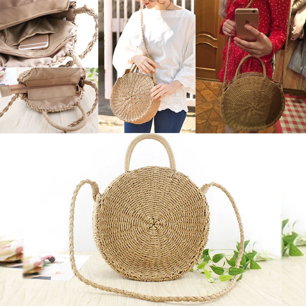 Ротанговая сумка женская мода ручная Плетеная соломенная сумка Круглая Большая вместительная сумка на плечо богемная пляжная сумка
