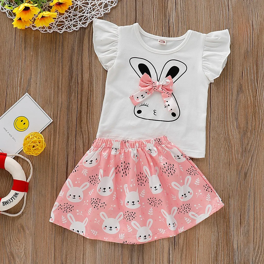 

Toddler Girl Clothes Summer Fashion Children Sets For Girls Butterfly Sleeve Cartoon Bunny Shirts Skirt Kids Outfits For Girls