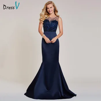 

Dressv dark navy long evening dress cheap scoop neck sleeveless appliques beading wedding party formal dress evening dresses