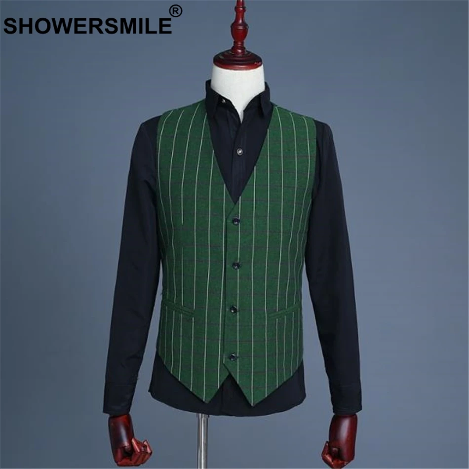 SHOWERSMILE Men Slim Fit Suits Green Striped Suit Jacket British Style Double Breasted Blazer Men Stage Costumes For Singers