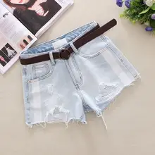 2019 Light Blue Women's Denim Shorts Summer Bleached Hole Washed Cotton Shorts High Waist Loose Broad Foot Denim Shorts 9972 plus raw hem bleached denim shorts