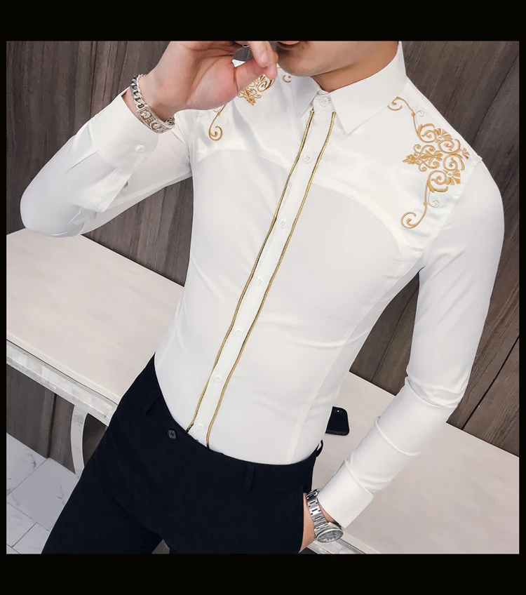 Chemise homme manche longue Весна 2019 новая рубашка для мужчин slim fit Винтаж Вышивка повседневное S рубашки для мальчиков ночной клуб Пром смокинг 3xl