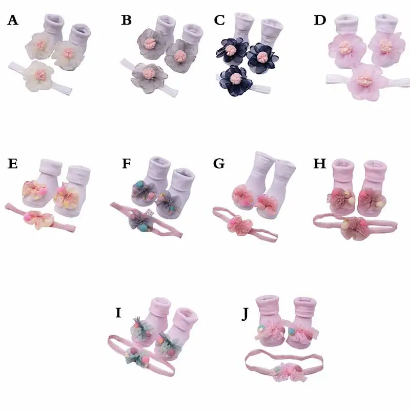 Новые милые мягкие носки для новорожденных девочек с рисунком+ пояс для волос, новые детские Нескользящие носки с аппликацией для Новорожденные малыши и девочек