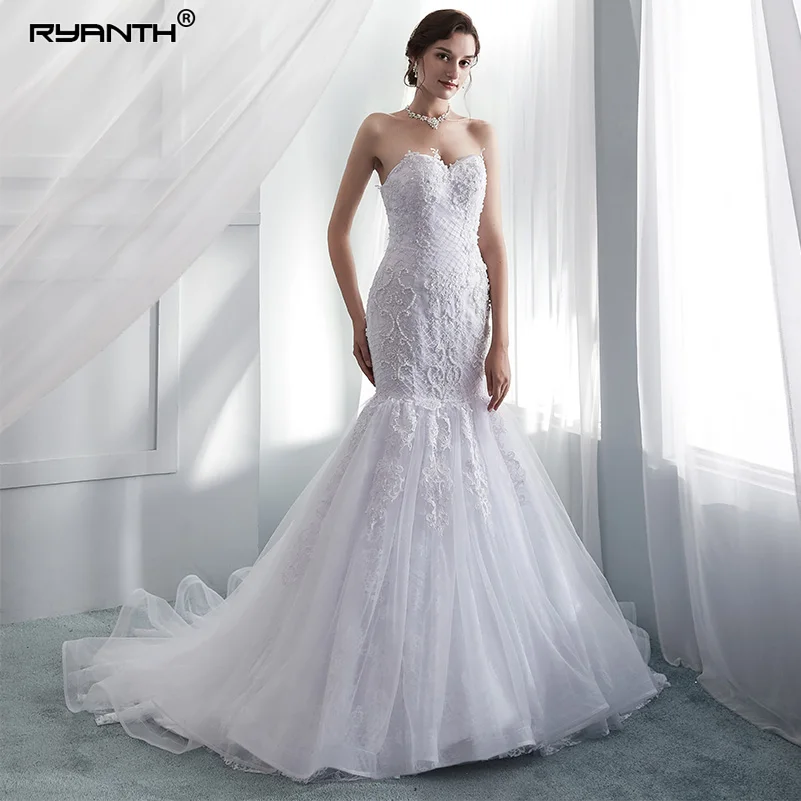 Женское свадебное платье с кружевной аппликацией Ryanth Robe De Mariage юбкой годе