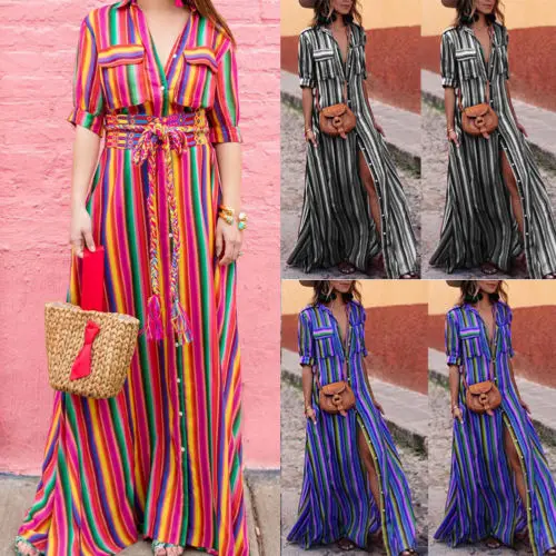 

UK 2018 New Fashion Women's Maxi Boho Stripe Dress Summer Long Button Sashes Short Sleeve Evening Party Dress