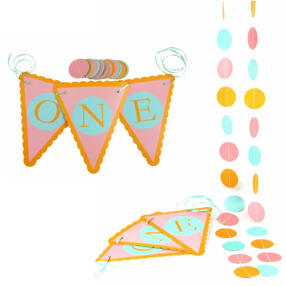 

1set Pink&Turquoise First Birthday High Chair Banner with Circle Garland Princess Party 1st Bithday Party Decor Baby Shower