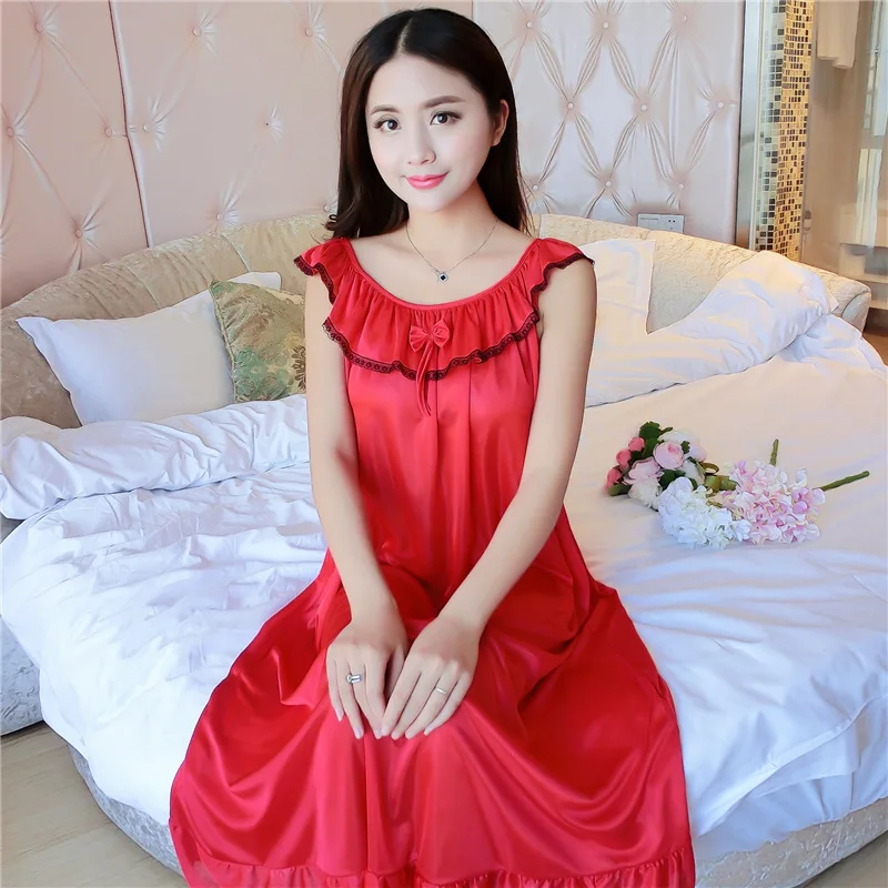 

Women's Sexy Silk Nightgowns Ladies Lace Long Sleepwear New Summer Girls Sleeveless Loose Sleepdress Sleepshirts W711