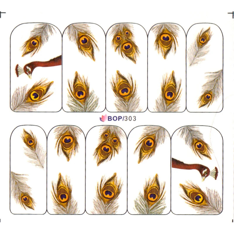UPRETTEGO дизайн ногтей водная наклейка слайдер наклейки для ногтей павлин перо бабочка Плюм BOP300-302