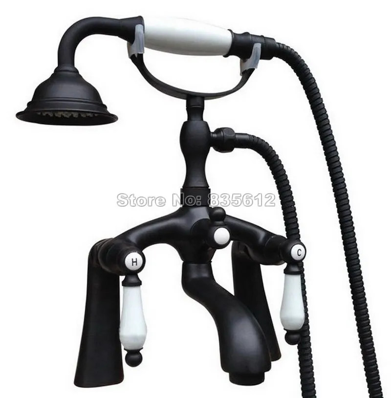 Deck Mounted Black Oil Rubbed Bronze Telephone Style Ceramic Handheld Shower Bathroom Tub Faucet