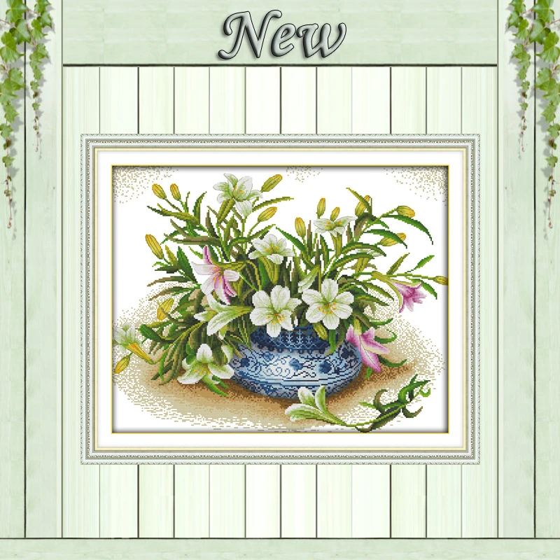 

Fragrant lilies Flower,counted print on canvas DMC 11CT 14CT Cross Stitch kits,needlework embroidery Set,colorful flowers basket