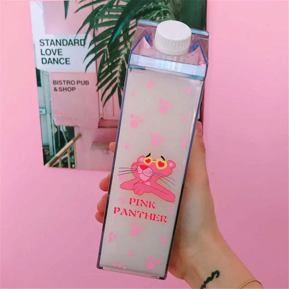 Cartoon Water Bottles Milk Box Shape Plastic Cups Students Cute Pink Panther Drink Bottle for Juice Coffee Tea Drinkware Cartoon Water Bottles Milk Box Shape Plastic Cups Students Cute Pink Panther Drink Bottle for Juice Coffee Tea Drinkware
