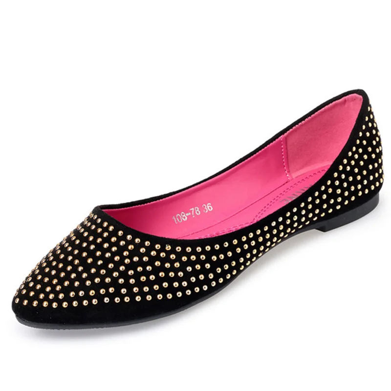 

Big size 41 women flats soft sole leather flat shoes woman fashion pointed toe rivets Shallow Boat Shoes office slip on loafers