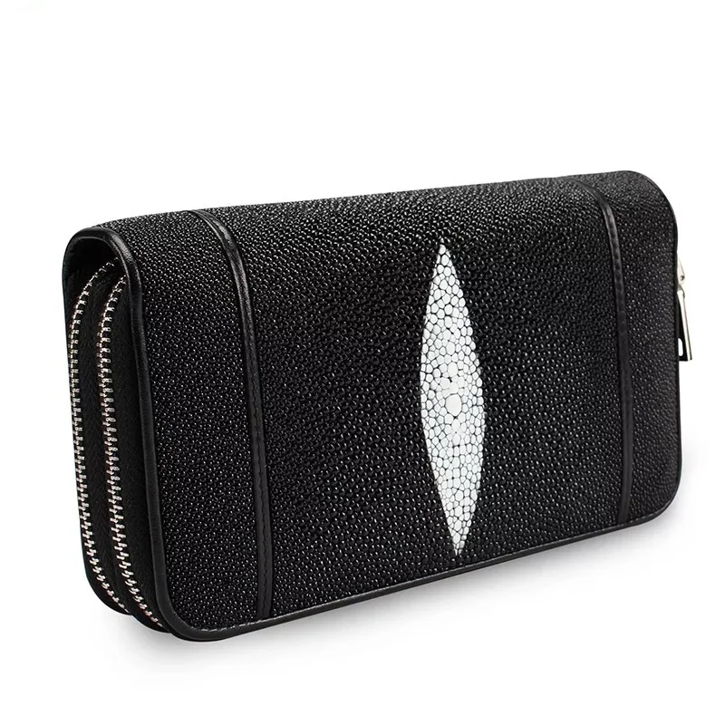 Classical Black White Genuine Stingray Skin Leather Women's Large Wristlets Bag Female Wallet Zipper Closure Lady Clutch Purse