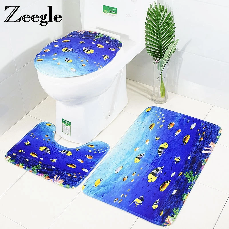 

Zeegle Undersea World Printed Mats Bathroom 3Pcs Bathroom Carpet Non-slip Mat For Toilet Bath Mat Absorbent Bathroom Rug
