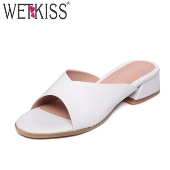 

WETKISS Women Slippers Summer Thick Heels Open Toe Slides Footwear New Leather Fashion Med Heels Ladies Mules Casual Shoes 2020