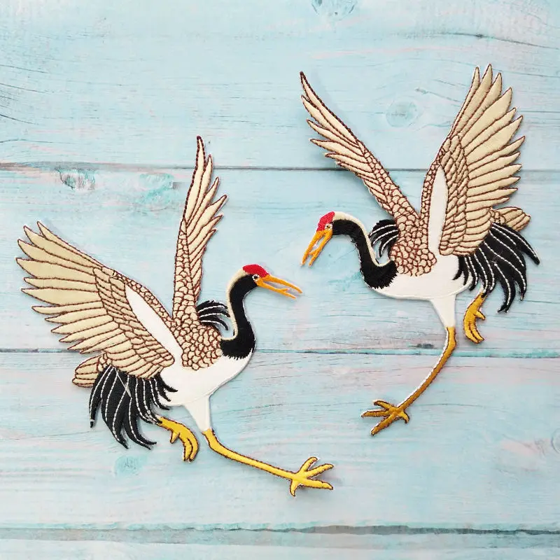 

1pair Red-Crowned Cranes Applique Embroidered Iron on Bird Patches For Clothes Bag Cartoon Sticker Craft Repair Diy Decoration
