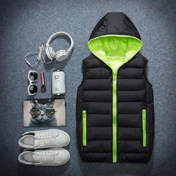 Black-green KH модный мужской осенне-зимний жилет с капюшоном мужская верхняя одежда пальто повседневная пара жилетов Теплые Жилеты с хлопковой подкладкой пуховые пальто - Цвет: Black-green