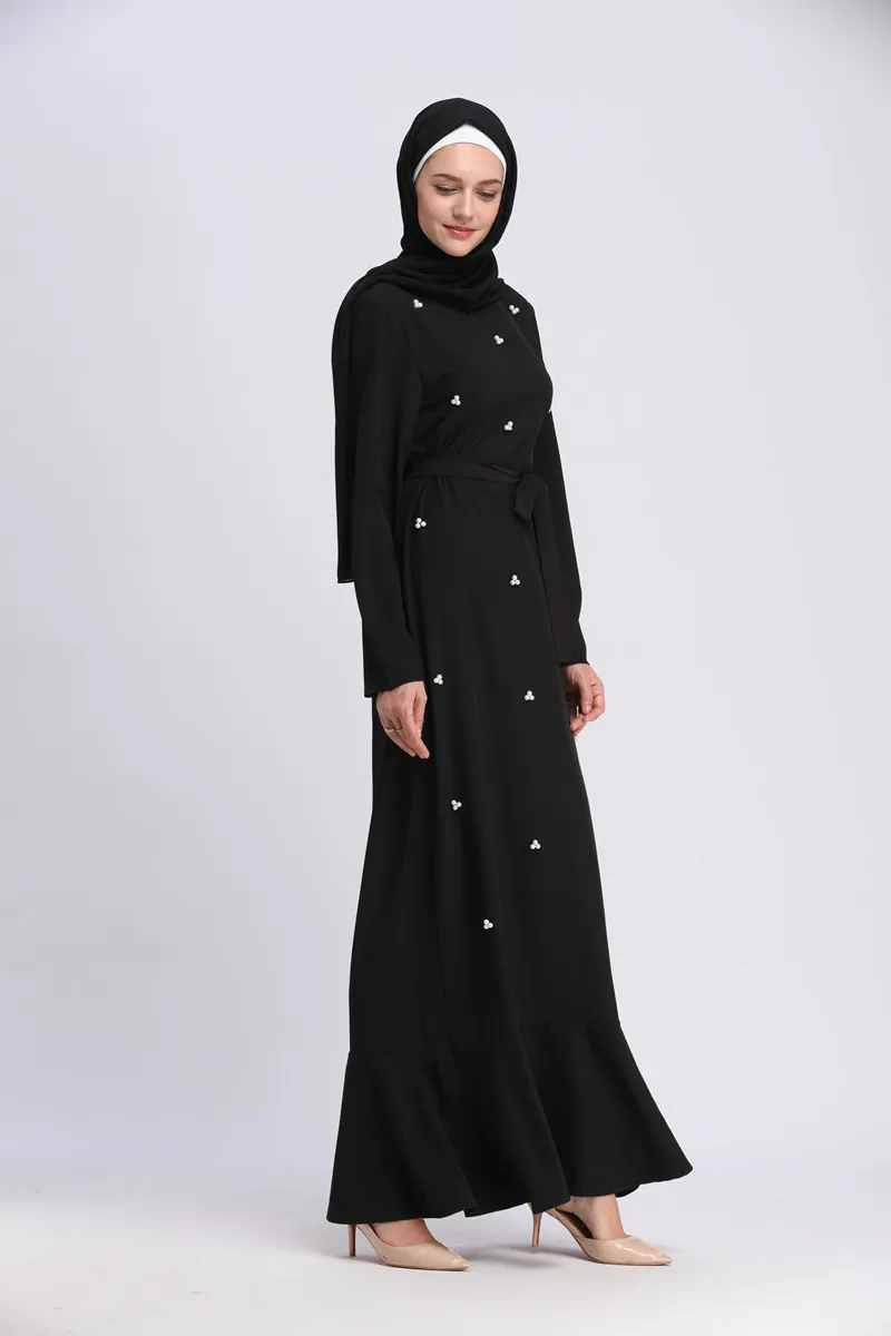 Для женщин мусульманский абайя платье Бисер мусульманское платье с длинным рукавом черный Лоскутная Плюс Размеры XXL турецкая исламская