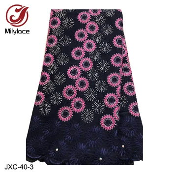 

Milylace latest swiss cotton voile lace fabric 5 yards floral embroidery voile lace with shiny stones for party dresses JXC-40