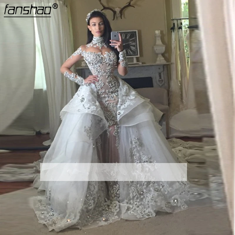 

High Neck Silver Wedding Dress Illusion Mermaid BrideDress Long Sleeve Heavy Lace Crystals Dubai Arabic Chapel Train Bridal Gown