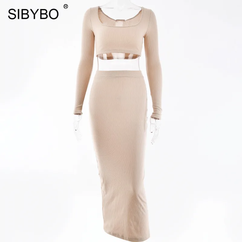 Sibybo, Ребристое, с длинным рукавом, сексуальное, из двух частей, платье, квадратный воротник, высокая талия, повседневное, облегающее, одноцветное, Клубные, вечерние, женское платье - Цвет: Хаки