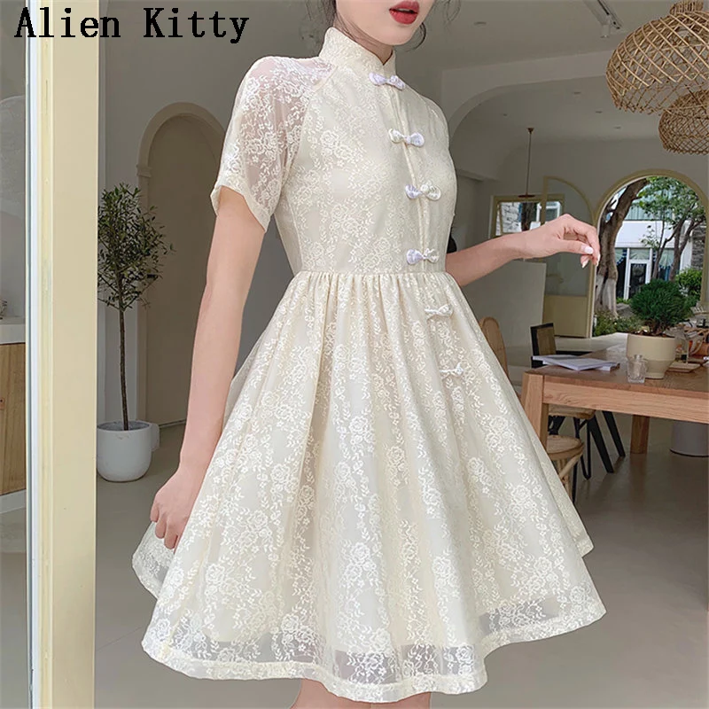

Alien Kitty Chinese Style 2019 Summer Fresh Loose Stand Pan-Kou Casual Simple High Waist Large Size Champagne Chi-Pao Dress