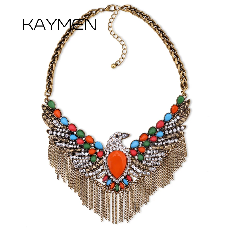 

KAYMEN New Statement Eagle Necklace Antique Golden Color Plated Inlaid Resin and Rhinestones Fashion Choker Necklace for Women