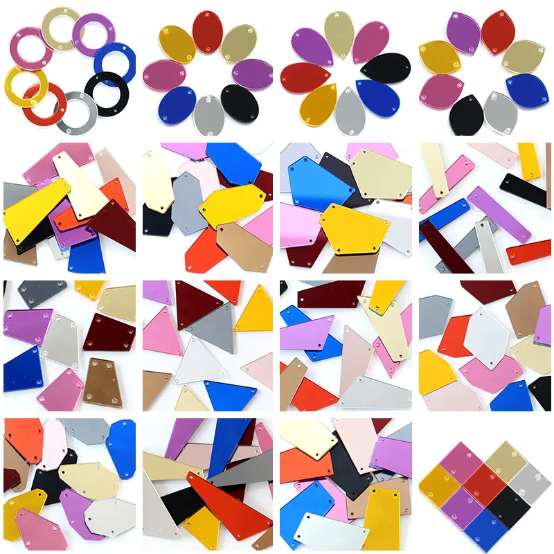 

37Shapes 50pcs Mix Color Acrylic Mirror Sew On Rhinestones Flatback Sewing On Stones With Holes for DIY Shiny Garments B1131