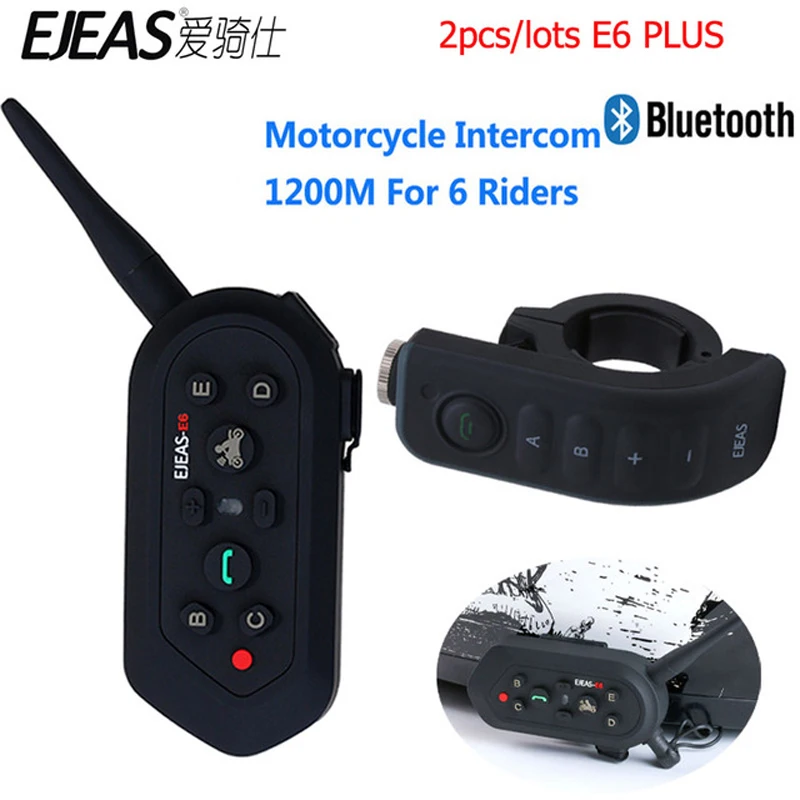 

2pcs EJEAS Motorcycle Helmet Intercom 1200M Communicator Helmet Interphone Headsets VOX with Remote Control for 6 Riders E6 Plus