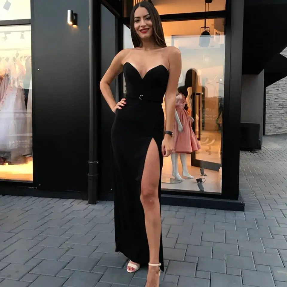 Сексуальное длинное платье для выпускного вечера без рукавов, черное платье для выпускного бала с v-образным вырезом, вечерние платья с разрезом на спине и поясом Vestidos de gala