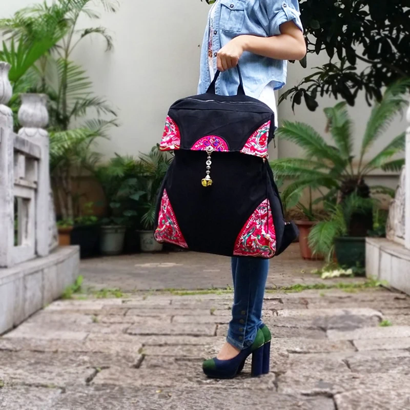 Новые Классические Вышитые Мужской рюкзак этнический Черный Холст Рюкзак Мода Винтаж повседневные сумки