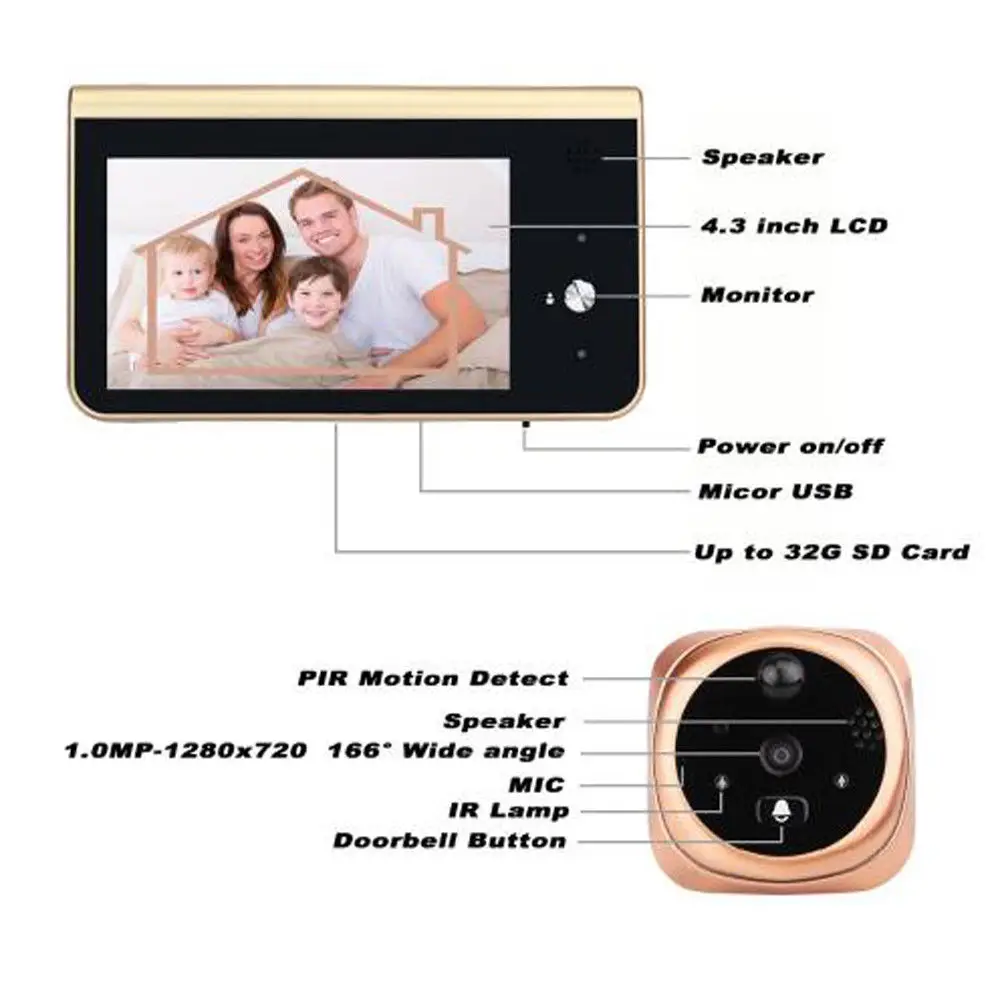  4.3 Inch Monitor Wifi Smart Peephole Video Doorbell HD720P Camera Night Vision PIR Motion Detection - 32961953906