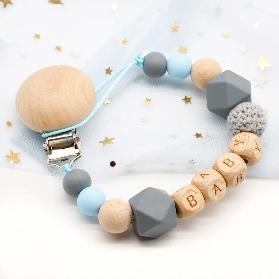 Dummy clip pacifier chain holder wood silicone bpa free baby newborn gift custom personalized name personalised beads beech