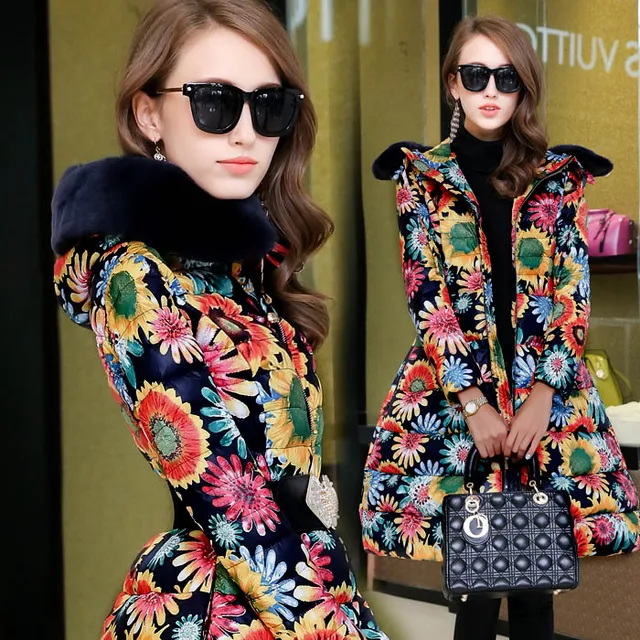 Cheap Winter Coat Women 2015 Fashion Elegant Ladies Floral Print X-Long Parkas Women Slim Waist Wadded Down Jacket Overcoat H5589