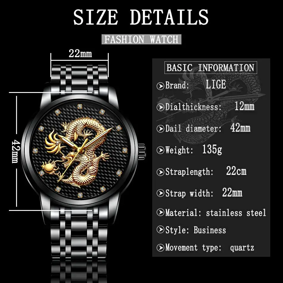 2021 LIGE New Golden Mens Watches Top Brand Luxury Chinese Dragon Watch Business Full Steel Quartz Clock Male Relogio Masculino