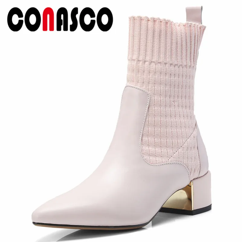 

CONASCO Fashion Brand Strecth Boots High Heels Genuine Leather Ankle Boots Pointed Toe Party Prom Shoes Woman Basic Boots