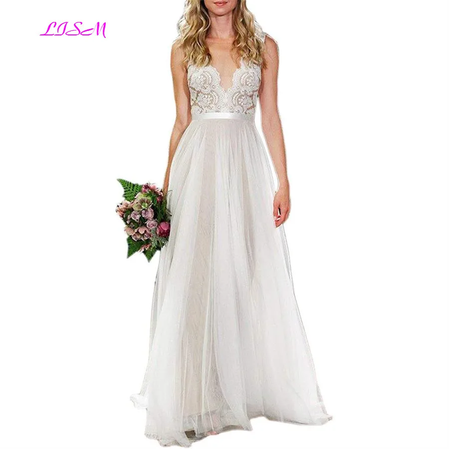 

Illusion Lace Appliques Tulle Long Beach Wedding Dress for Bride Scoop Sleeveless Bridal Gowns Sexy Sheer Back vestidos de novia