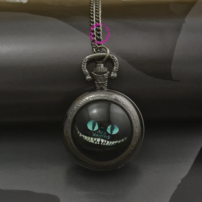 Модные кварцевые карманные часы alice in wonderland с кошкой, ожерелье, женские часы-брелоки, черная круглая выпуклая линза, стеклянная для фотографии леди