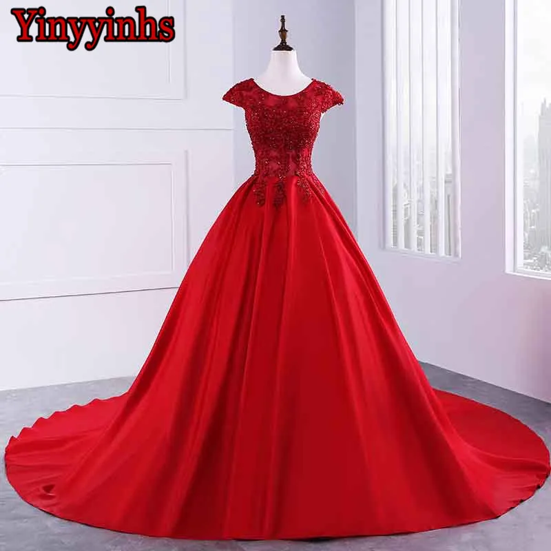

Yinyyinhs Real Picture Short Sleeve Evening Dress Vestido De Festa Long Beads Court Train Formal Dress Evening Gown CG42